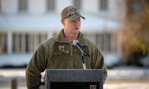 Dustin Richards, 88th Air Base Wing and Installation Commander, gives opening remarks for the 88th Air Base Wing Time Capsule Burial Ceremony today. The event marked the burial of a new time capsule, following the opening of the previous one from 1999 earlier this year. (U.S. Air Force photo by Jack Gardner)