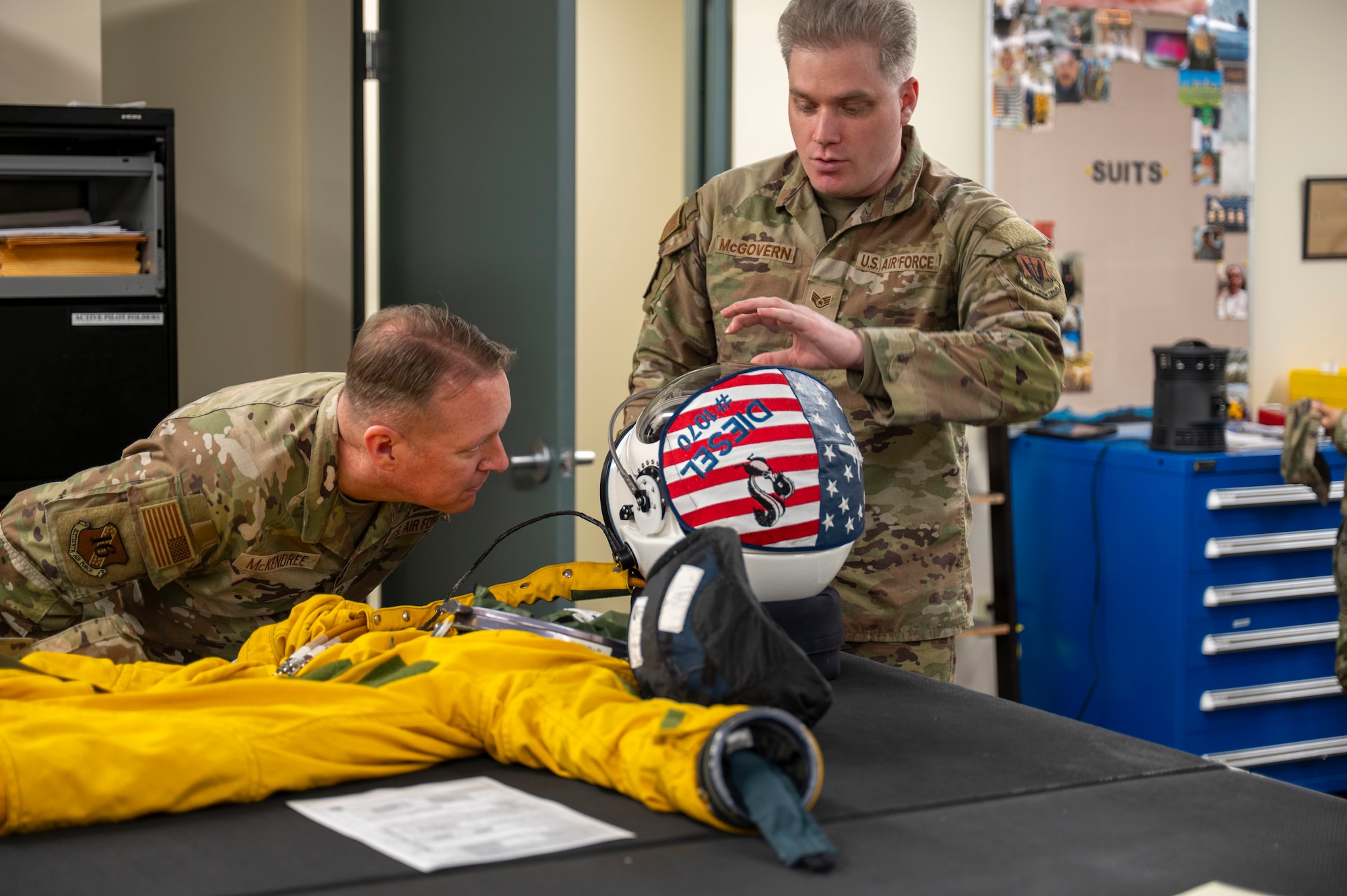 U.S. Air Force Chief Master Sgt. Andrew McKendree, Command Chief Master Sgt. of the 16th Air Force, was briefed by Staff Sgt. John McGovern, 9th Physiological Support Squadron U-2 supervisor, on the full pressure suit on Beale Air Force Base, California, Dec. 17, 2025.