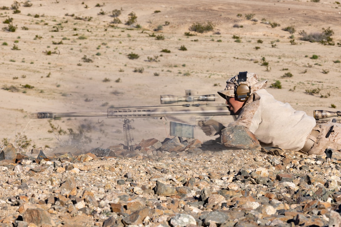 U.S. Marine Corps Lance Cpl. Marcos Bolwahnn, a Arizona native, infantry Marine with 2nd Battalion, 4th Marine Regiment, 1st Marine Division, fires a M107 during Service Level Training Exercise 0-25 at Range 205, MCAGCC, Twentynine Palms, California, December 9, 2025. SLTE is designed to be a challenging, realistic training environment that produces combat-ready forces capable of operating as an integrated Marine Air Ground Task Force. (U.S. Marine Corps photo by Lance Cpl. Cody Fitzgerald)