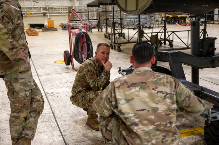 U.S. Air Force Chief Master Sgt. Andrew McKendree, Command Chief Master Sgt. of the 16th Air Force, was briefed by Airmen assigned to the 9th Maintenance Squadron (MXS) on Beale Air Force Base, California, Dec. 17, 2025.