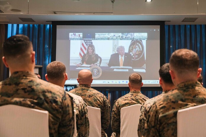 U.S. Marine Corps Col. Robb McDonald, the commanding officer of Marine Rotational Force-Southeast Asia, I Marine Expeditionary Force, speaks to the President of the United States Donald J. Trump during a Christmas morale call in Manila, Philippines, Dec. 25, 2025.