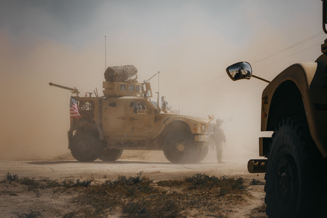 U.S. Army Staff Sgt. William Essman, assigned to Delta Company, 1st Battalion, 133rd Infantry Regiment, 2nd Brigade Combat Team, 34th Infantry Division, Iowa National Guard, provides security within the U.S. Central Command area of responsibility, Sept. 21, 2025.  The unit, operating in support of Combined Joint Task Force – Operation Inherent Resolve, secured a landing zone to ensure the safe arrival of incoming personnel and visitors. (U.S. Army photo by Sgt. Zachary Ta)