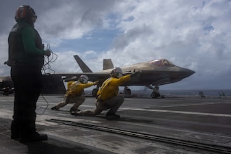 An F-35C Lightning II, attached to Marine Fighter Attack Squadron (VMFA) 314, prepares to launch from the flight deck of Nimitz-class aircraft carrier USS Abraham Lincoln (CVN 72) on Dec. 26, 2025.