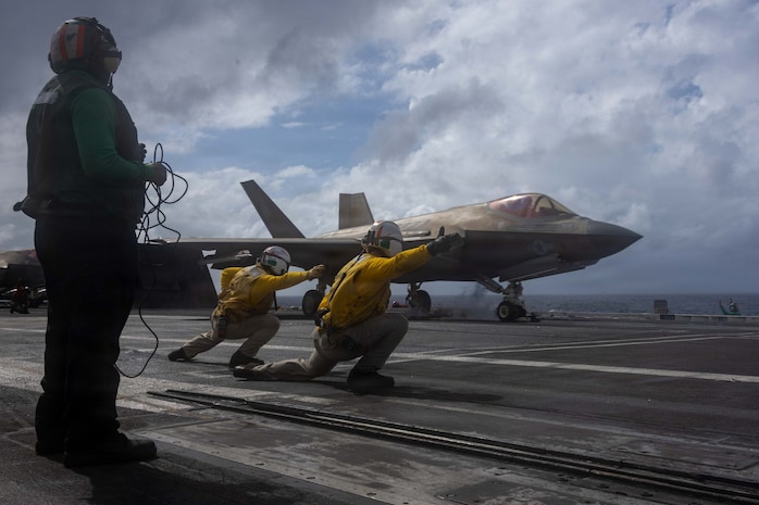 An F-35C Lightning II, attached to Marine Fighter Attack Squadron (VMFA) 314, prepares to launch from the flight deck of Nimitz-class aircraft carrier USS Abraham Lincoln (CVN 72) on Dec. 26, 2025.