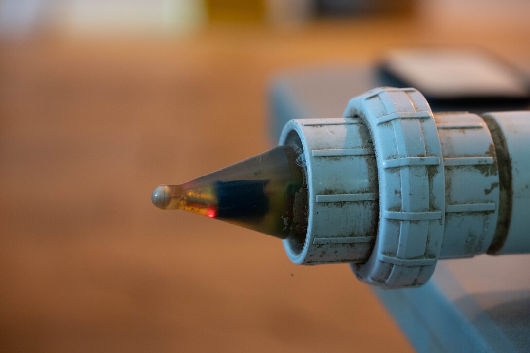 Displayed is the tip of a Juvenile Salmon Acoustic Telemetry System (JSATS) receivers for a telemetry survey in Stockton, California, on Sept. 10, 2025. The receiver’s red light indicates it is powered on and ready to collect sound signals that track juvenile salmon and green sturgeon movement in the lower Sacramento River. The U.S. Army Corps of Engineers Sacramento District conducts telemetry surveys to close critical data gaps on green sturgeon passage in the lower Sacramento River, providing valuable information to partner agencies for setting river flow requirements, managing dam releases, and improving the survival of this federally protected species. (U.S. Army photo by Bertha Smith, U.S. Army Corps of Engineers Sacramento District Public Affairs)