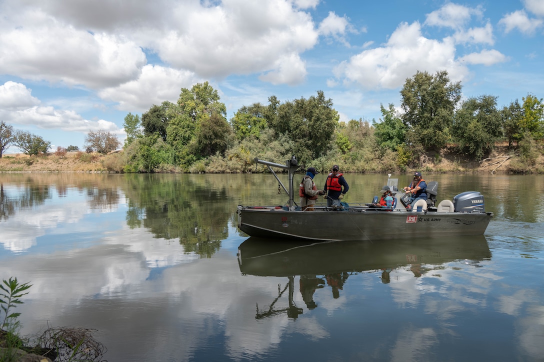 USACE Sacramento District team members prepare to depart after lowering the last Juvenile Salmon Acoustic Telemetry System (JSATS) receiver needed for the telemetry survey conducted at the Sacramento River and North Delta on Sept. 10, 2025, in Stockton, California. U.S. Army Corps of Engineers Sacramento District environmental managers and Bryte Yard craftsmen collaborate and conduct telemetry surveys to close critical data gaps on green sturgeon passage in the lower Sacramento River, providing valuable information to partner agencies for setting river flow requirements, managing dam releases, and improving the survival of this federally protected species. (U.S. Army photo by Bertha Smith, U.S. Army Corps of Engineers Sacramento District Public Affairs)