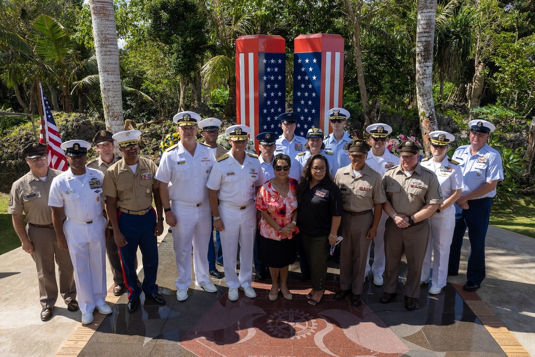 U.S. military senior leaders stand beside Guam government officials at the 9/11 Peace Memorial during the 9/11 memorial ceremony, Two Lovers Point, Tamuning, Guam, Sept. 11, 2025. The memorial ceremony commemorated the tragic events that happened on 9/11 and honored the fallen. (U.S. Marine Corps photo by Cpl. Ryan Little)