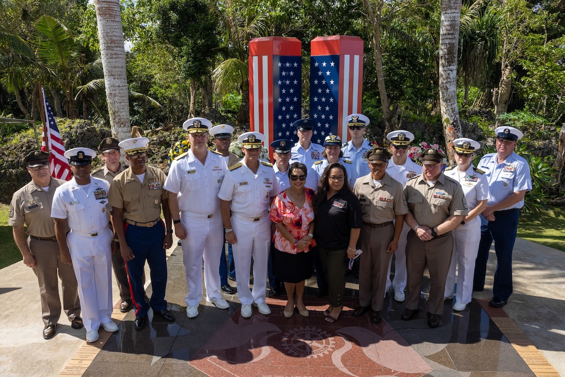 U.S. military senior leaders stand beside Guam government officials at the 9/11 Peace Memorial during the 9/11 memorial ceremony, Two Lovers Point, Tamuning, Guam, Sept. 11, 2025. The memorial ceremony commemorated the tragic events that happened on 9/11 and honored the fallen. (U.S. Marine Corps photo by Cpl. Ryan Little)