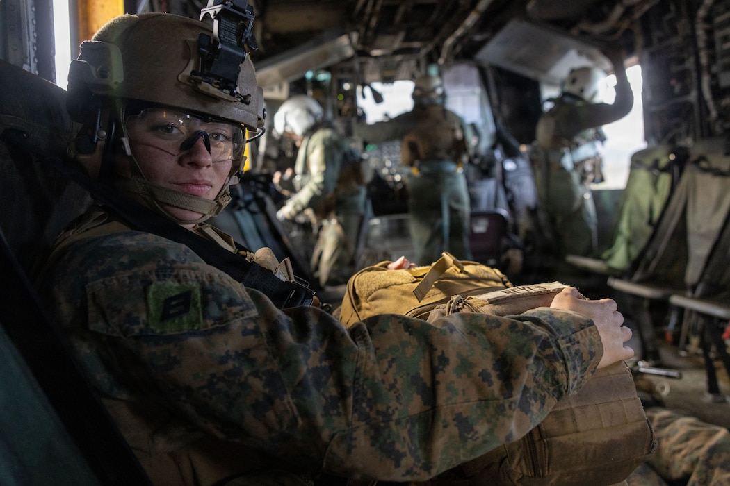 251212-M-NC826-1797 U.S. Navy Hospitalman Mallory Reyes, a corpsman with 1st Battalion, 6th Marines forward deployed with 4th Marine Regiment, 3rd Marine Division as part of the Unit Deployment Program, rides in a CH-53E Super Stallion during a casualty evacuation drill during Fuji Viper 26.2 at the Combined Arms Training Center, Camp Fuji, Japan, Dec. 12, 2025. Fuji Viper is an annual exercise that enables Marines operating in Japan the opportunity to conduct combined arms live-fire training and maintain operational readiness, tactical proficiency, and lethality within the first island chain. Reyes is a native of Florida. (U.S. Marine Corps photo by Cpl. Briseida Villasenor)