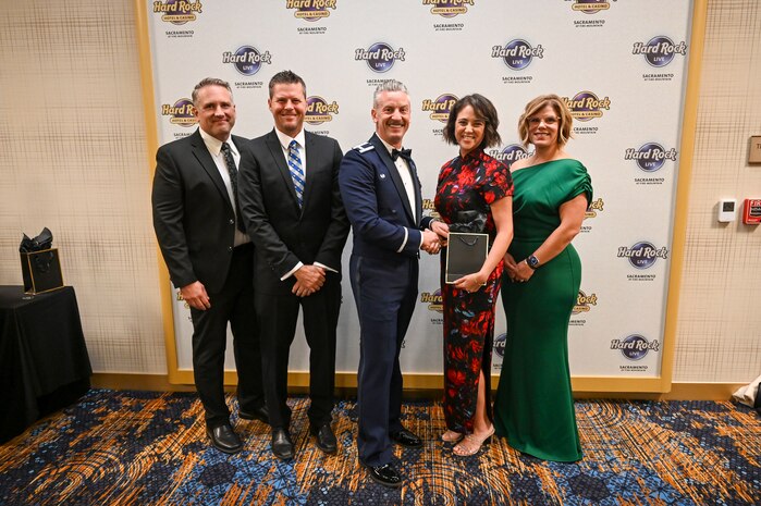 U.S. Air Force Col. Keagan L. McLeese, 9th Reconnaissance Wing commander, honors local community partners of Beale Air Force Base during the annual Air Force Ball at the Hard Rock Hotel and Casino Sacramento, Wheatland, California, Sept. 5, 2025.