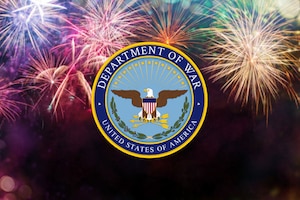 The words Department of War and United States of America appear around a seal with an eagle in the center. There are fireworks in the background.