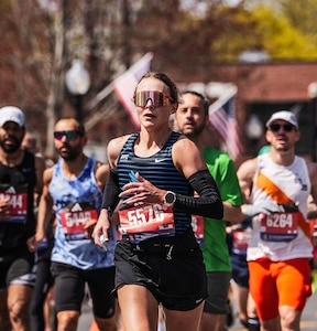Lindsay Babish, an Air Force Life Cycle Management Center (AFLCMC) Training Directorate F-16 Simulator Training Program lead program manager, runs in the 2025 Boston Marathon in Boston, Massachusetts, April 21, 2025. Babish utilizes running as a powerful tool for maintaining good mental clarity and stress management. (Courtesy Photo)