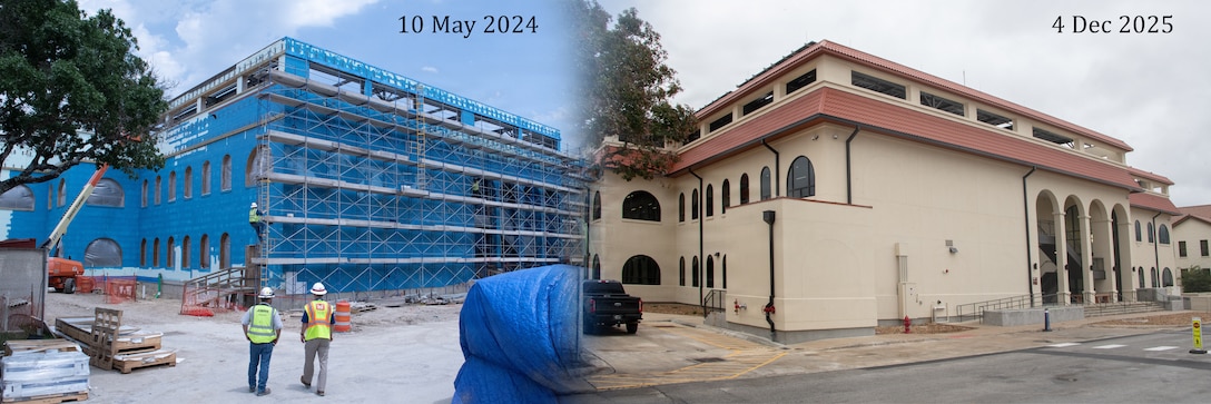 A side-by-side photo illustration shows construction progress on the Air Force’s Personnel Center’s B-Wing 495 addition at JBSA Randolph, Texas, with the left image depicting work underway in May 2024. The right image shows the completed net zero facility on Dec. 4, 2025. 



The $29.7 million project, delivered by the U.S. Army Corps of Engineers Fort Worth District, consolidates critical AFPC missions and incorporates energy saving features such as insulated concrete forms, a high efficiency HVAC system, and rooftop solar panels. (Illustration by Richard Bumgardner)