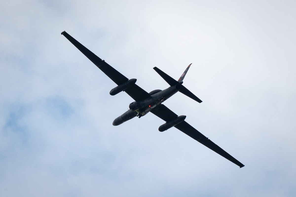 A U.S. Air Force U-2 Dragon Lady assigned to the 99th Expeditionary Reconnaissance Squadron flies over RAF Fairford, United Kingdom, during the Royal International Air Tattoo, July 19, 2025. The U-2 is a high-altitude reconnaissance aircraft that supports global intelligence missions. (U.S. Air Force photo by Airman 1st Class Adam Enbal)