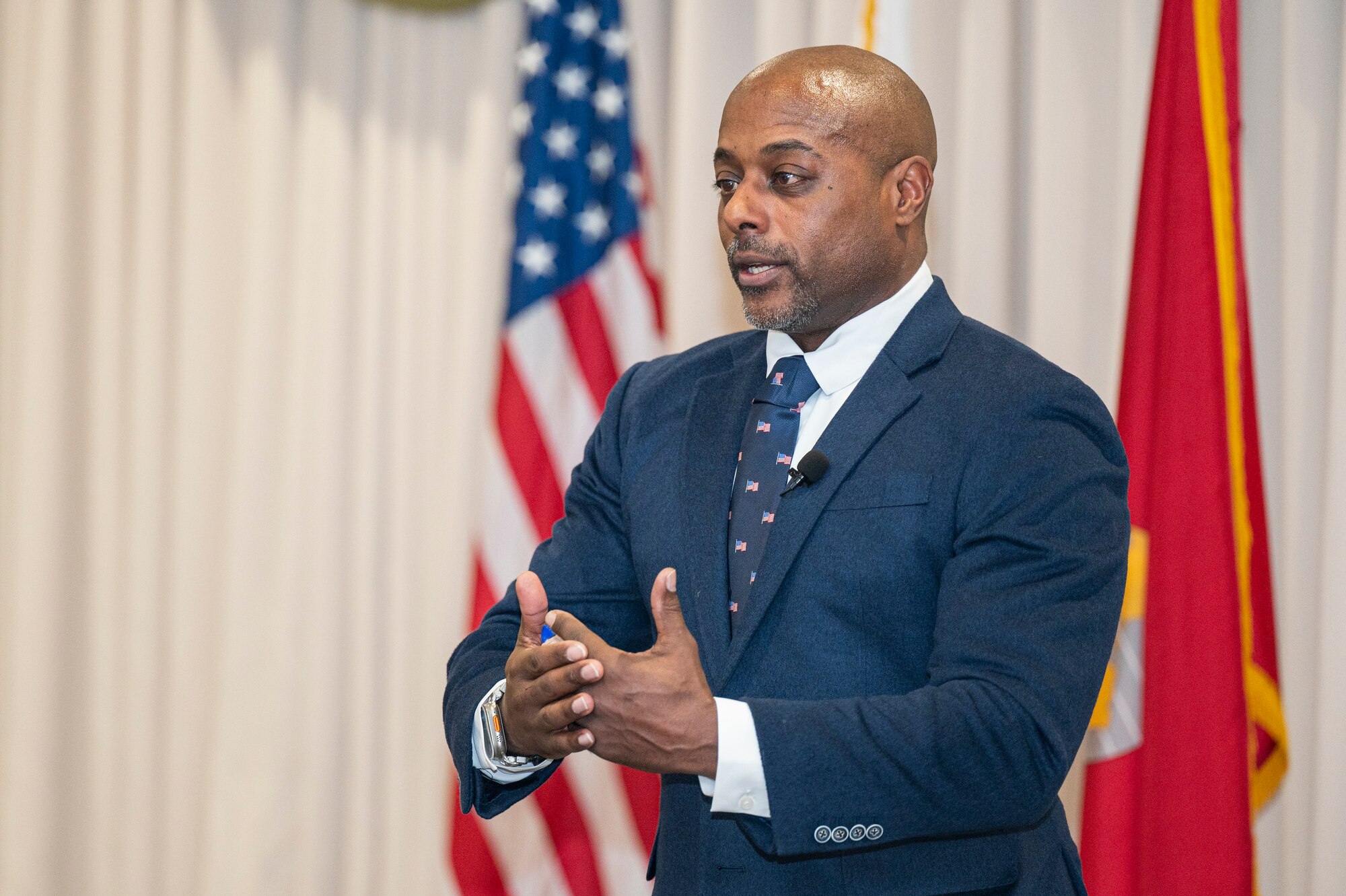Corey Jones, a keynote speaker, addresses member of the 514th Air Mobility Wing during their Annual Awards Banquet on Joint Base McGuire-Dix-Lakehurst, N.J,. on Feb 1, 2025.