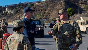 U.S. Air Force Airmen from the 163d Mission Support Group set up 14 tents near Will Rogers State Beach, Los Angeles, to house 49th Military Police Brigade Soldiers during ongoing support efforts for the Palisades Fire response.