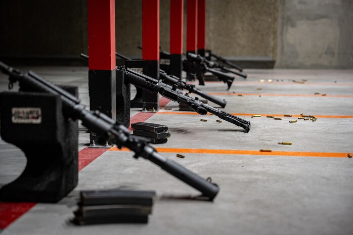 M4 carbines lie on the ground during a Combat Arms Training and Maintenance (CATM) course at Misawa Air Base, Japan, Jan. 29, 2025