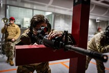 U.S. Air Force Senior Airman Preston Holladay, 35th Civil Engineer Squadron fire crew chief, aims an M4 carbine at a target during a Combat Arms Training and Maintenance (CATM) course at Misawa Air Base, Japan, Jan. 29, 2025