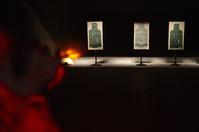 U.S. Air Force Senior Airman Preston Holladay, 35th Civil Engineer Squadron fire crew chief, aims an M4 carbine at targets during a Combat Arms Training and Maintenance course at Misawa Air Base, Japan, Jan. 29, 2025