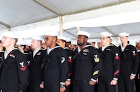 Sailors stand in formation during a change of command  ceremony aboard the Blue Ridge-class command and control ship USS Mount Whitney (LCC 20). Mount Whitney, forward deployed from Gaeta, Italy, operates with a combined crew of U.S. Sailors and Military Sealift Command civil service mariners in the U.S. Sixth Fleet. The fleet operates in support of U.S. national security interests in Europe and Africa.