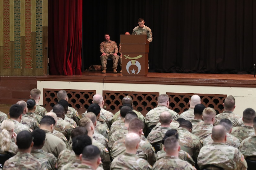 More than 140 U.S. Soldiers with the Fort Indiantown Gap-based 3622nd Sustainment Maintenance Company are recognized during a ceremony Feb. 1, 2025, at the Zembo Shrine in Harrisburg. The unit is about to depart for a year-long deployment to the Middle East, supporting U.S. Central Command and partner forces with security objectives in the region. (Pennsylvania National Guard photo by Lt. Col. Keith Hickox)