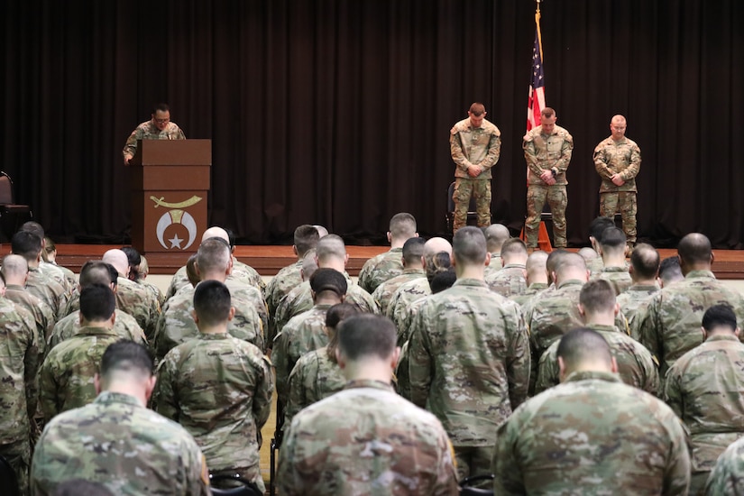More than 140 U.S. Soldiers with the Fort Indiantown Gap-based 3622nd Sustainment Maintenance Company are recognized during a ceremony Feb. 1, 2025, at the Zembo Shrine in Harrisburg. The unit is about to depart for a year-long deployment to the Middle East, supporting U.S. Central Command and partner forces with security objectives in the region. (Pennsylvania National Guard photo by Lt. Col. Keith Hickox)