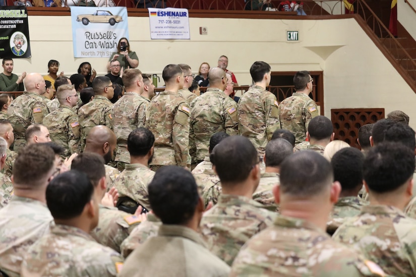 More than 140 U.S. Soldiers with the Fort Indiantown Gap-based 3622nd Sustainment Maintenance Company are recognized during a ceremony Feb. 1, 2025, at the Zembo Shrine in Harrisburg. The unit is about to depart for a year-long deployment to the Middle East, supporting U.S. Central Command and partner forces with security objectives in the region. (Pennsylvania National Guard photo by Lt. Col. Keith Hickox)