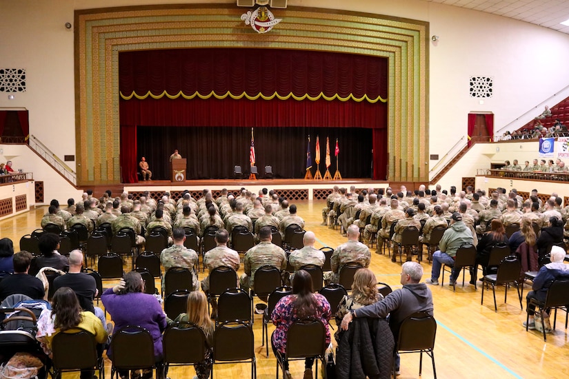 More than 140 U.S. Soldiers with the Fort Indiantown Gap-based 3622nd Sustainment Maintenance Company are recognized during a ceremony Feb. 1, 2025, at the Zembo Shrine in Harrisburg. The unit is about to depart for a year-long deployment to the Middle East, supporting U.S. Central Command and partner forces with security objectives in the region. (Pennsylvania National Guard photo by Lt. Col. Keith Hickox)