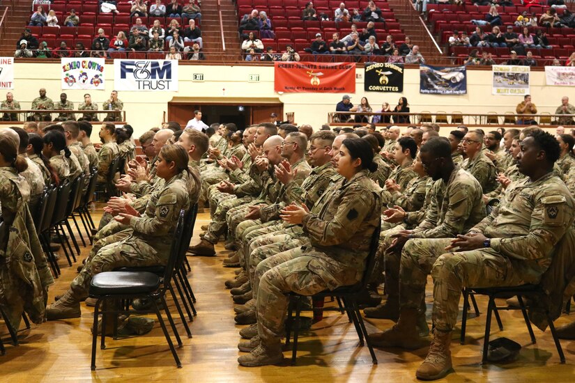 More than 140 U.S. Soldiers with the Fort Indiantown Gap-based 3622nd Sustainment Maintenance Company are recognized during a ceremony Feb. 1, 2025, at the Zembo Shrine in Harrisburg. The unit is about to depart for a year-long deployment to the Middle East, supporting U.S. Central Command and partner forces with security objectives in the region. (Pennsylvania National Guard photo by Lt. Col. Keith Hickox)