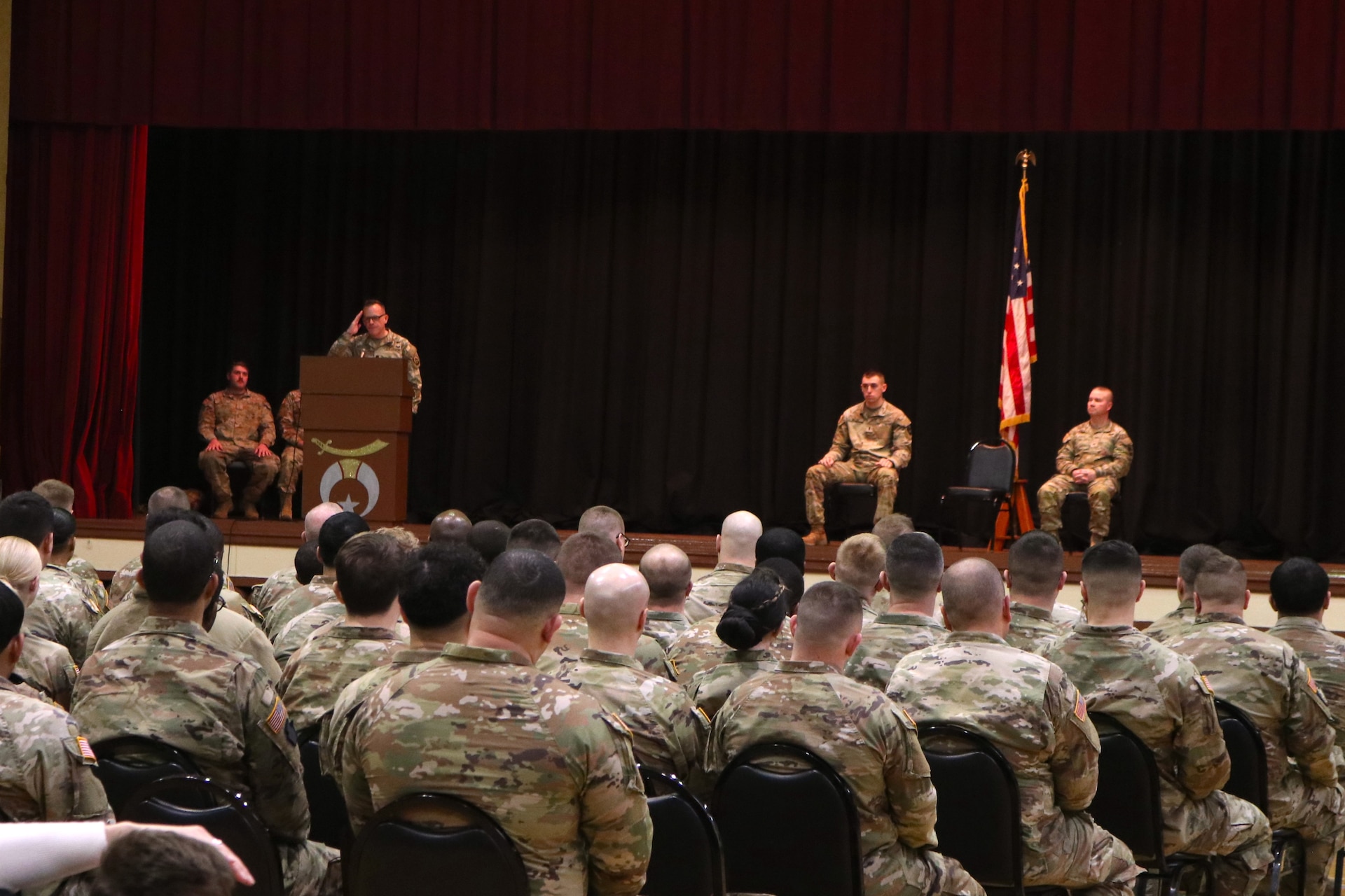 More than 140 U.S. Soldiers with the Fort Indiantown Gap-based 3622nd Sustainment Maintenance Company are recognized during a ceremony Feb. 1, 2025, at the Zembo Shrine in Harrisburg. The unit is about to depart for a year-long deployment to the Middle East, supporting U.S. Central Command and partner forces with security objectives in the region. (Pennsylvania National Guard photo by Lt. Col. Keith Hickox)