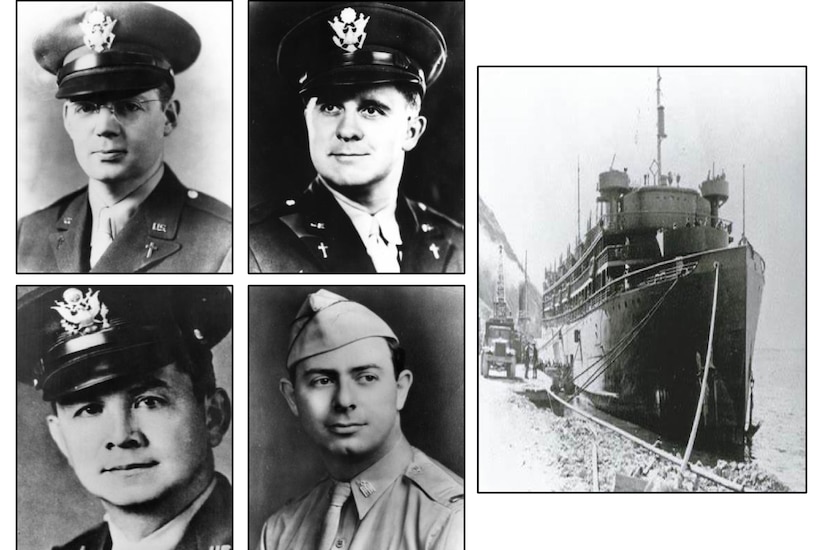 Black and white portraits of four military men and a photo of a large ship.