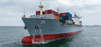 A concept showing a container ship as it might look after conversion to a warship with containerized missiles and drones weapons, including the missile launcher shown amidship.