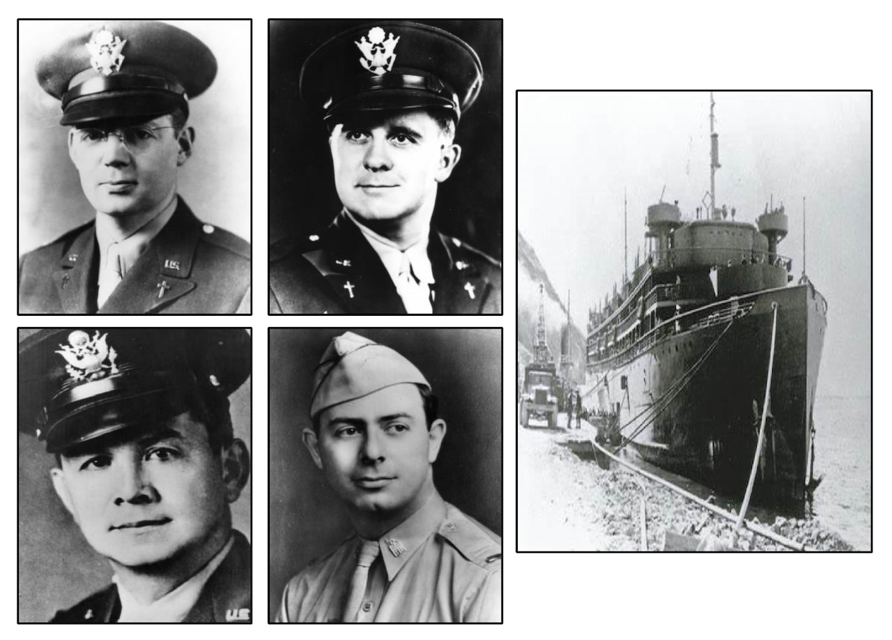 Black and white portraits of four military men and a photo of a large ship.