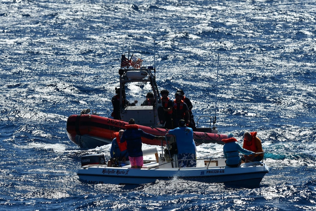 Coast Guard Cutter Joseph Napier crewmembers rescue five boaters from a disabled 18-foot vessel taking on water 13 nautical miles off Cabo Rojo, Puerto Rico, Feb. 1, 2025. The rescued boaters were later embarked aboard a responding commercial vessel and transported to ‘Combate’ Beach in Cabo Rojo, Puerto Rico; no injuries were reported in this case. (U.S. Coast Guard photo)