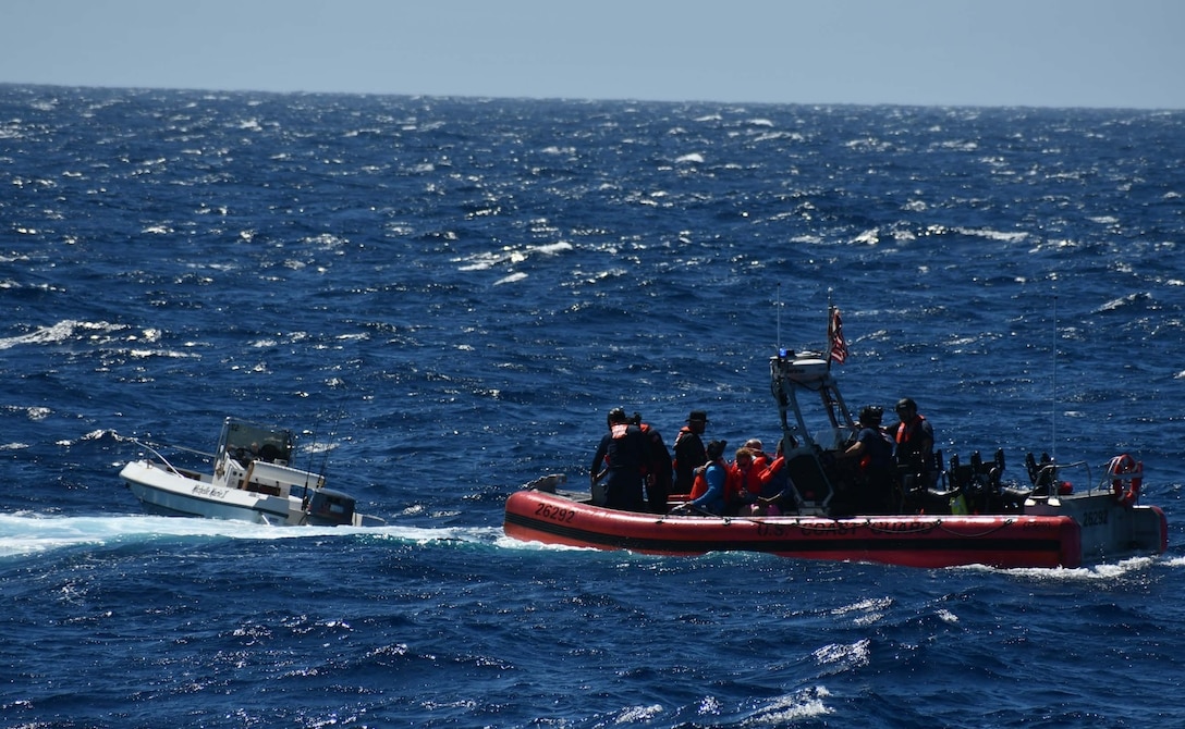 Coast Guard Cutter Joseph Napier crewmembers rescue five boaters from a disabled 18-foot vessel taking on water 13 nautical miles off Cabo Rojo, Puerto Rico, Feb. 1, 2025. The rescued boaters were later embarked aboard a responding commercial vessel and transported to ‘Combate’ Beach in Cabo Rojo, Puerto Rico; no injuries were reported in this case. (U.S. Coast Guard photo)