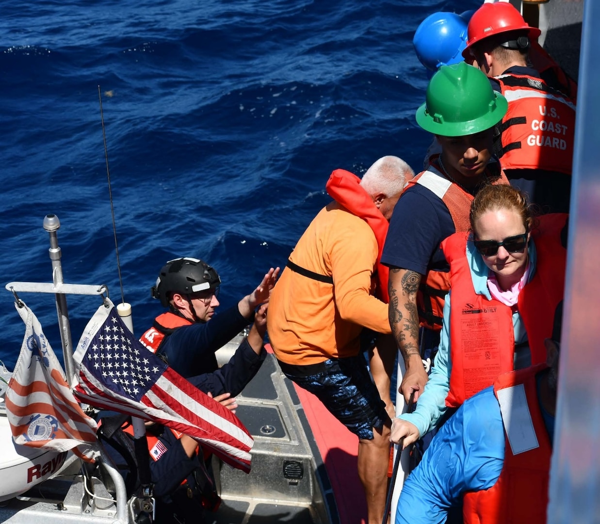 Coast Guard Cutter Joseph Napier crewmembers rescue five boaters from a disabled 18-foot vessel taking on water 13 nautical miles off Cabo Rojo, Puerto Rico, Feb. 1, 2025. The rescued boaters were later embarked aboard a responding commercial vessel and transported to ‘Combate’ Beach in Cabo Rojo, Puerto Rico; no injuries were reported in this case. (U.S. Coast Guard photo)