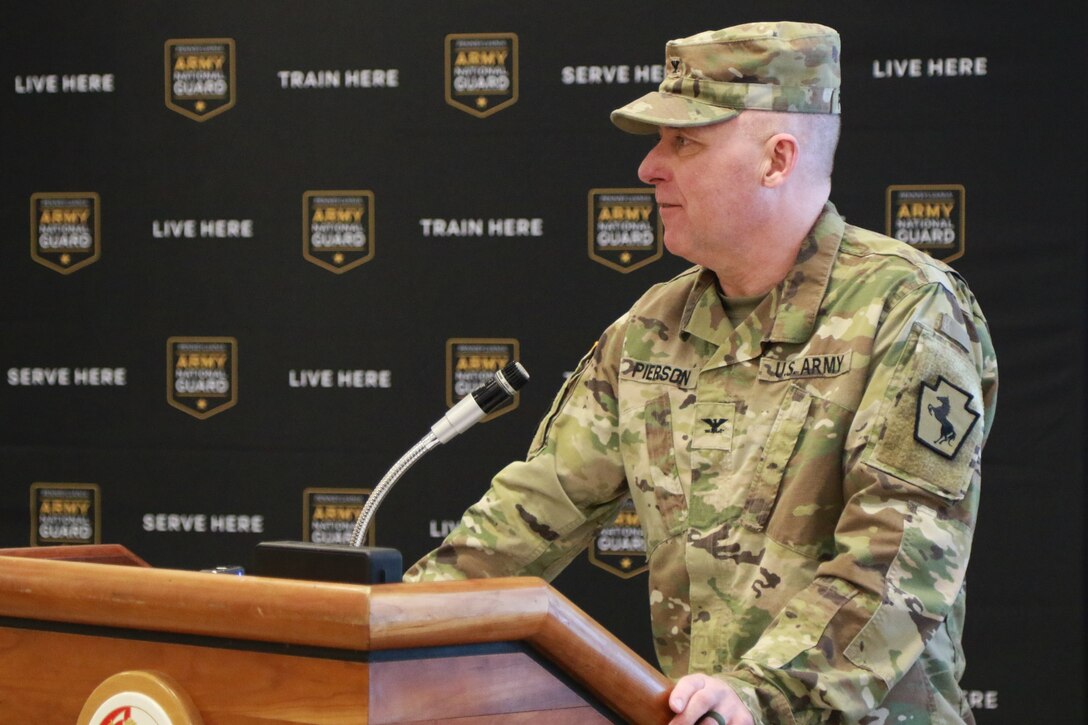 U.S. Army Col. Brad W. Pierson speaks at a change of command ceremony after relinquishing command of the 55th Maneuver Enhancement Brigade, Pennsylvania Army National Guard, to Col. Adam R. Grove at the Scranton Armed Forces Reserve Center Feb. 1, 2025. (U.S. Army National Guard photo by Sgt. 1st Class Shane Smith)