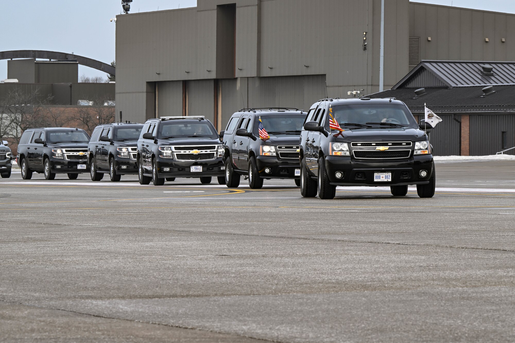 The Vice President's motorcade drives into position at Youngstown Air Reserve Station, Ohio, on Feb. 3, 2025.