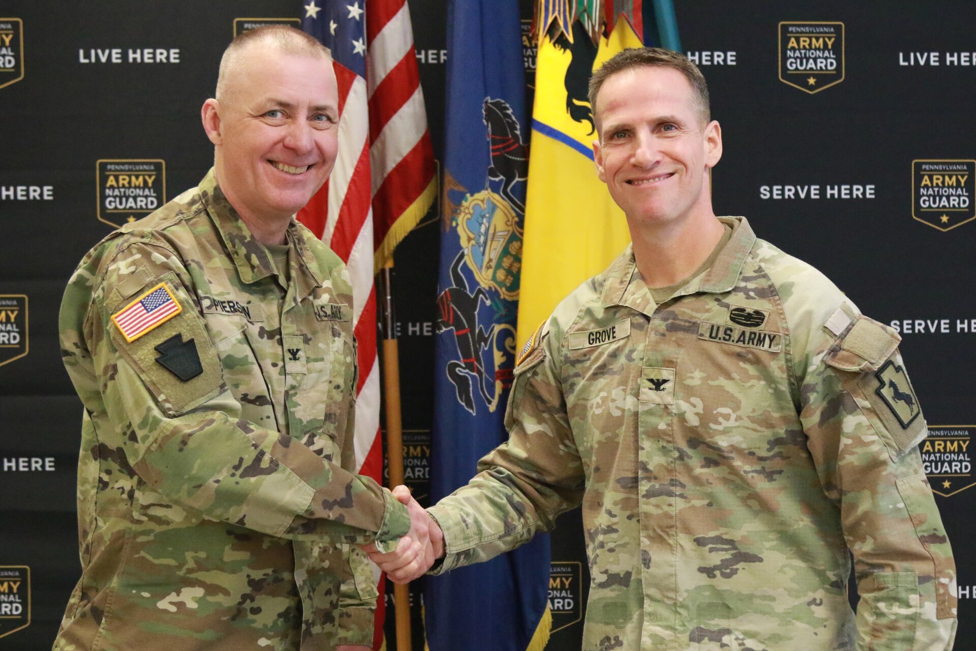 U.S. Army Col. Brad W. Pierson relinquished command of the 55th Maneuver Enhancement Brigade, Pennsylvania Army National Guard to Col. Adam R. Grove during a change of command ceremony at the Scranton Armed Forces Reserve Center Feb. 1, 2025. (U.S. Army National Guard photo by Sgt. 1st Class Shane Smith)