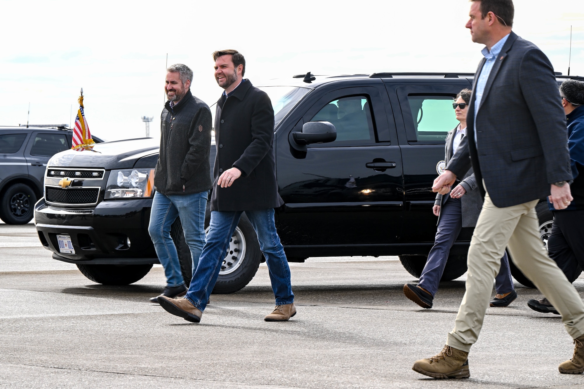 Vice President JD Vance walks toward the crowd after exiting Air Force Two at Youngstown Air Reserve Station, Ohio, on Feb. 3, 2025.