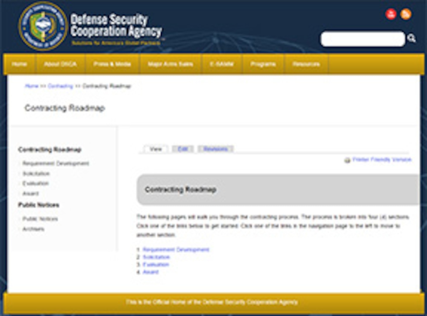 Screenshot of the contracting roadmap at DSCA