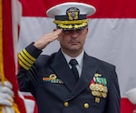 Capt. Paul Stence Jr. salutes during the playing of the national anthem during his change of command ceremony held onboard Naval Support Activity Panama City, Fla., Jan. 31. He will serve as NSWC PCD’s 34th commanding officer. (U.S. Navy photo by Eddie Green)