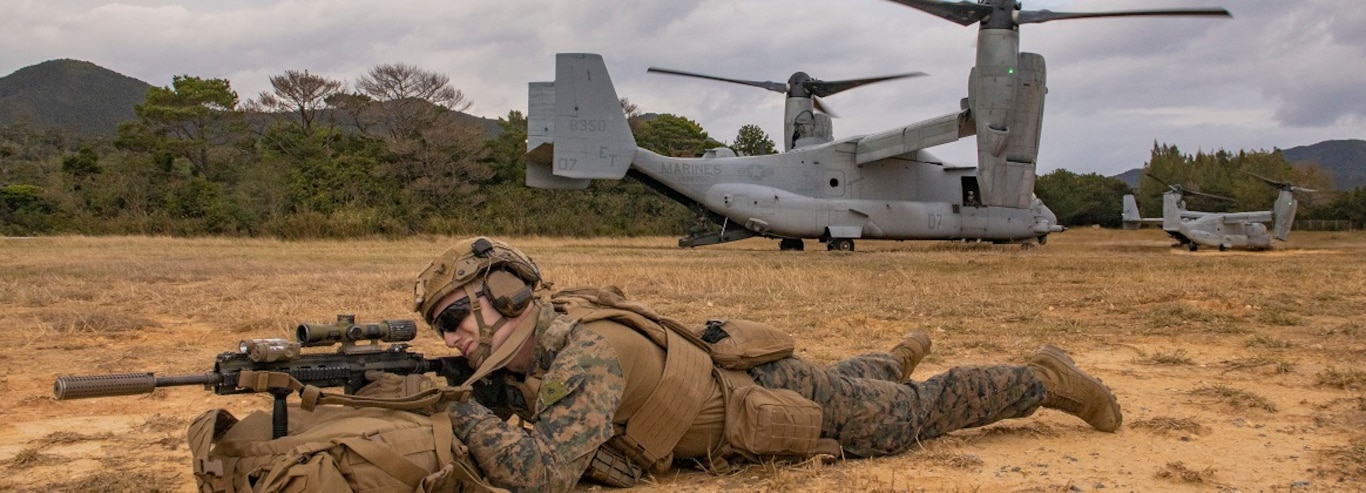 U.S. Marine Corps Lance Cpl. Zane Delcore, an infantry Marine with Battalion Landing Team 2/4, 31st Marine Expeditionary Unit, during a tactical recovery of aircraft and personnel exercise at Camp Hansen, Okinawa, Japan, Jan. 31, 2025.