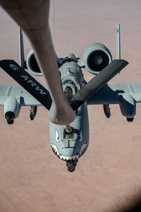 A U.S. Air Force KC-135 Stratotanker refuels an A-10 Thunderbolt II during a patrol over the U.S. Central Command area of responsibility.