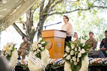 Ambassador MaryKay Carlson, U.S. Ambassador to the Republic of the Philippines, delivers remarks during the commemoration of the 80th Anniversary of the Raid and Liberation of Cabanatuan Prisoner of War Camp at the City of Cabanatuan, Philippines, Feb. 1, 2025.