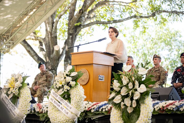 Ambassador MaryKay Carlson, U.S. Ambassador to the Republic of the Philippines, delivers remarks during the commemoration of the 80th Anniversary of the Raid and Liberation of Cabanatuan Prisoner of War Camp at the City of Cabanatuan, Philippines, Feb. 1, 2025.