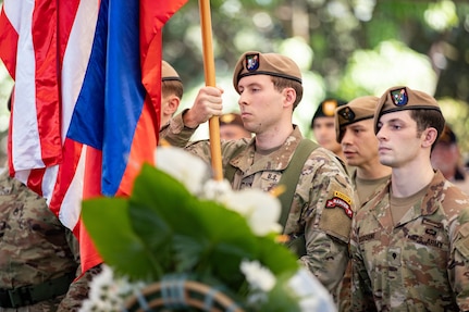 .S. Army Rangers assigned to 2nd Battalion, 75th Ranger Regiment present the colors during the commemoration of the 80th Anniversary of the Raid and Liberation of Cabanatuan Prisoner of War Camp at the City of Cabanatuan, Philippines, Feb. 1, 2025.