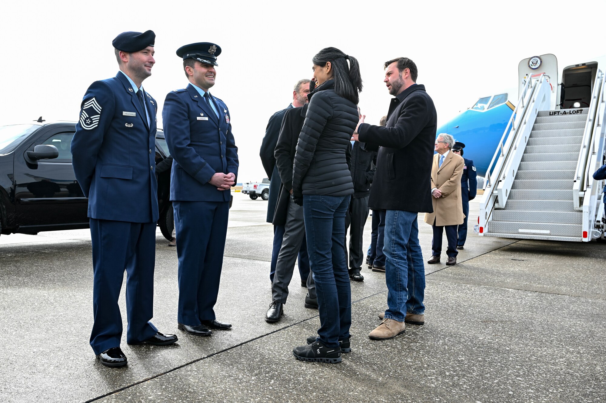 Vice President JD Vance and Second Lady Usha Vance greet Col. Matthew Gorsuch, 910th Airlift Wing acting commander, and Chief Master Sgt. Jake Kelecava, 910th Security Forces Squadron senior enlisted leader, after exiting Air Force Two at Youngstown Air Reserve Station, Ohio, on Feb. 3, 2025.