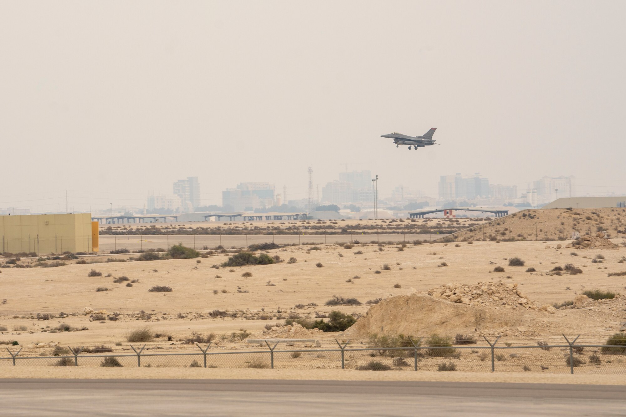 A U.S. Air Force F-16 Fighting Falcon prepares to land following a training mission during Exercise Spears of Victory at King Abdulaziz Air Base, Saudi Arabia, Jan. 30, 2025.