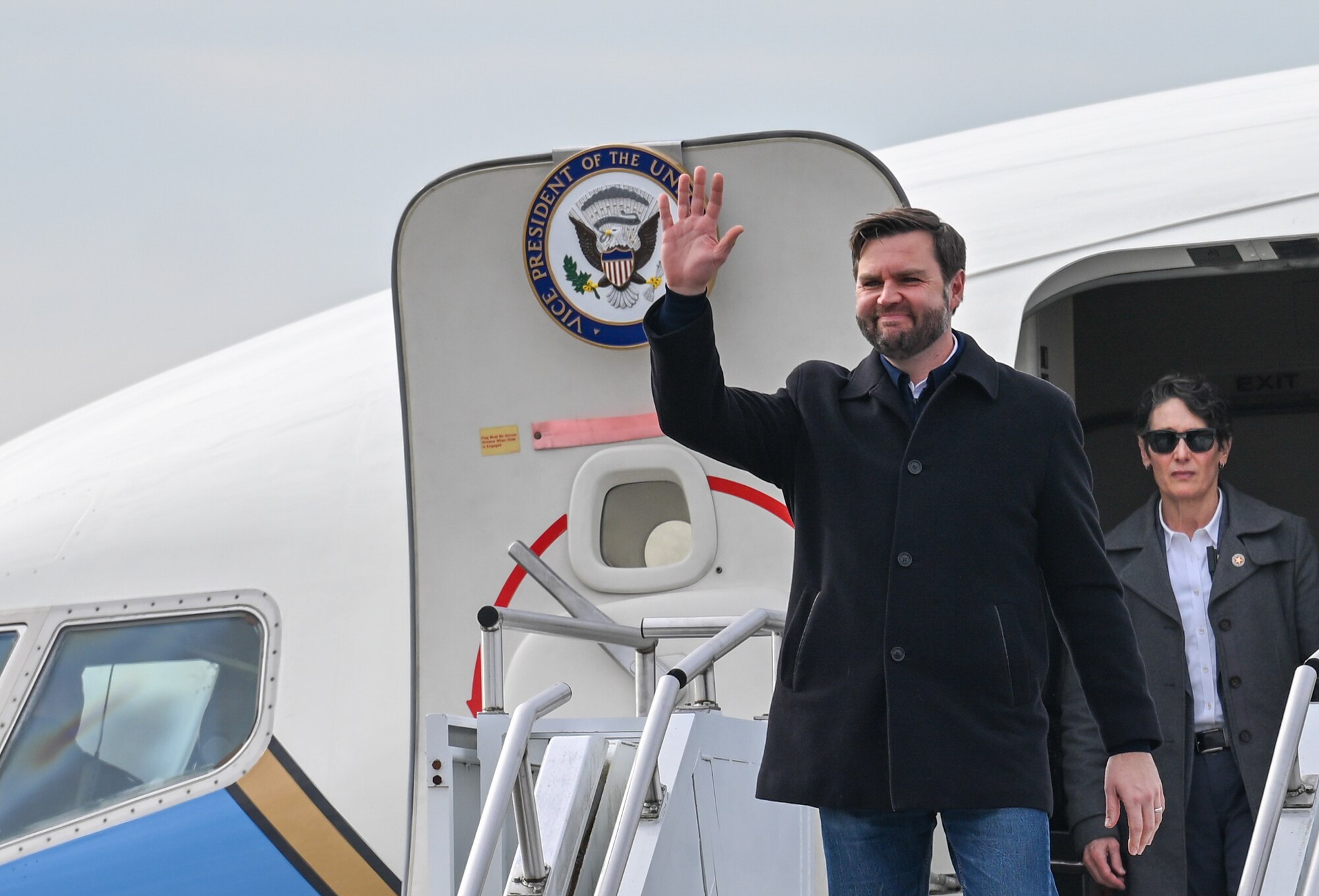 Vice President JD Vance greets the crowd after exiting Air Force Two at Youngstown Air Reserve Station, Ohio, on Feb. 3, 2025.
